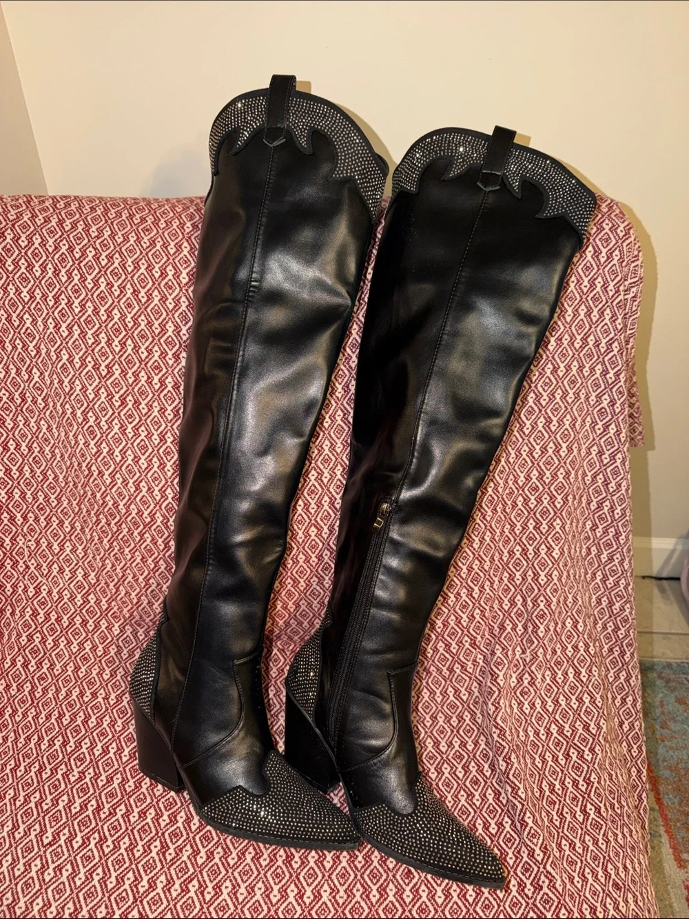 Stud-Embellished Black Over-the-Knee Pointed Boots